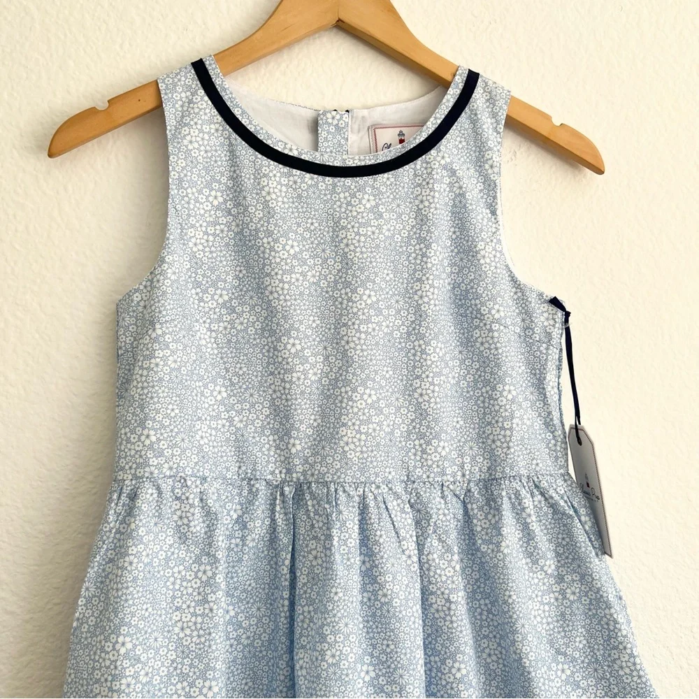 Classic Prep Girls Light Blue Floral Dress with Navy Trim - Picture 2 of 4